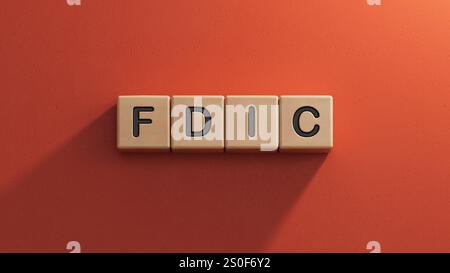 fdic word written on wooden cubes with copy space.close up of wooden elements,Business Concept.3D rendering on red background. Stock Photo