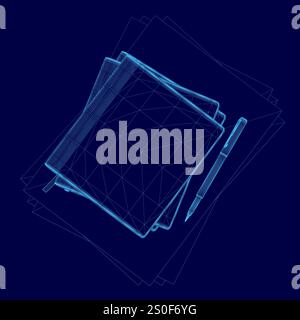 Blue book with a pen on top of it. The book is open to a page with a grid pattern Stock Vector