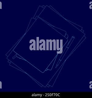 Blue background with a stack of papers and a pen. Concept of organization and productivity, as the stack of papers represents work or study materials, Stock Vector