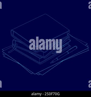 Stack of books with a pen on top. Concept of knowledge and learning, as the books represent the vast amount of information that can be gained through Stock Vector
