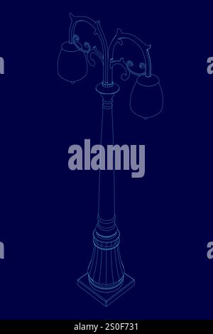 Blue street light pole with two lamps on top. The pole is tall and slender, and the lamps are small and round. The image has a modern and sleek feel t Stock Vector