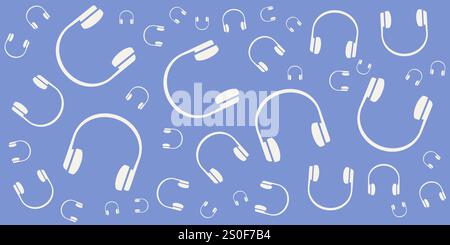Lots of Random Sized and Placed Headset Icons Texture on Blue Wide Scale Vector Background - Design for Websites, Placards, Posters, Brochures - White Stock Vector