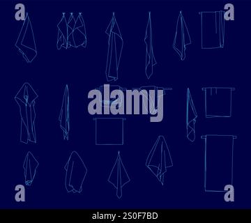 Series of blue drawings of towels hanging on a rack. The towels are all different sizes and shapes Stock Vector