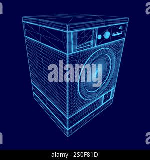 Blue washing machine with a blue logo. The machine is in a 3D Stock Vector
