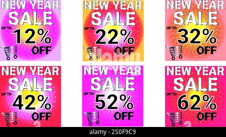 New year sale up to 12 22 32 42 52 and 62 percent banners set of six with multiple colors Stock Vector