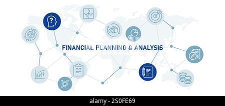 Financial planning and analysis icon analyze finance business strategy plan information design outline connected items Stock Vector