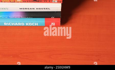 Stack of books on wooden table, education background, back to school concept Stock Photo