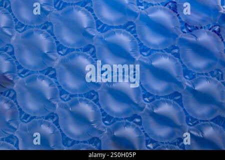 Cushions bubble wrap on blue background, abstract texture backdrop for product Stock Photo