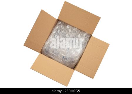 Cushion bubble wrap foil in a opened cardboard box, isolated on white Stock Photo
