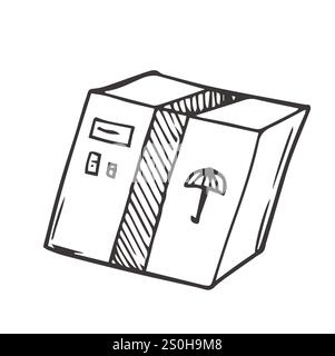 Doodle closed box icon. Black and white symbol with frame. Line art style graphic design element. Web button. Isolated on white background. Stock Vector