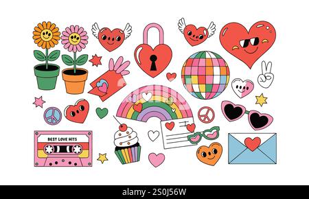 Retro groovy set for valentine's day hippie love vector illustrations Stock Vector