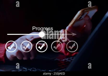 Businesswoman or entrepreneur touching to virtual download bar with loading progressive business. Work from home. Stock Photo