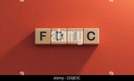 Word fdic on wooden cubes with copy space.close up of wooden elements,Business Concept.3D rendering on red background. Stock Photo