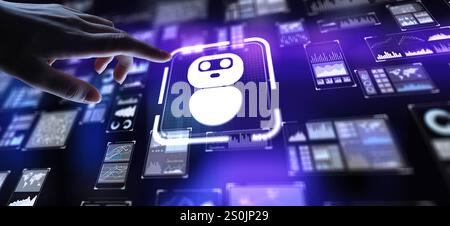Chat Bot Automating Customer Interaction and Support, projection on a virtual screen, Business and Technology Concept. Stock Photo