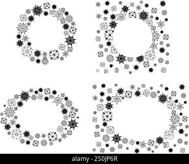 Snowflake circle round and oval frame set. Winter snowflake graphic line vector illustration. Design elements for Christmas and New Year greeting card Stock Vector