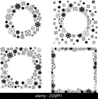 New Year, Christmas round snow frames. Set of winter graphic line abstract backgrounds, border templates with empty space for text. Vector Circle, rin Stock Vector