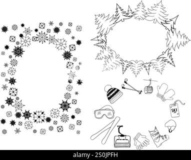 Winter sports, pine tree forest, snowflakes background with graphic line elements in oval with space for text. Winter activities vector frame set card Stock Vector