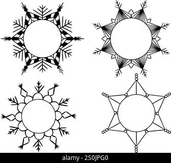 Set of round circle snowflake frames, graphic line vector circles circular empty borders, isolated graphic design winter elements Stock Vector