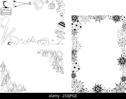 Graphic line vector hand drawn set of Winter Sports objects, symbols and items. Round circle frame template composition Stock Vector