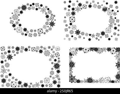 Christmas snowflakes oval frames set. Xmas border. Vector winter snowflakes background with copy space for text. Stock Vector