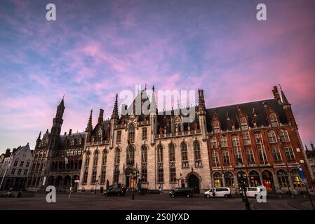 Provincial Palace in Bruges Grote Markt at Sunset - Belgium Stock Photo