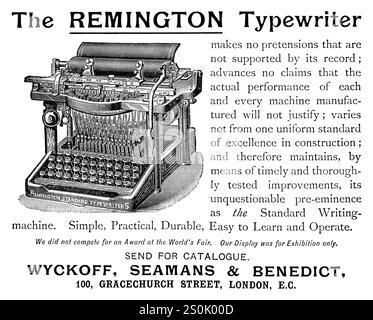 1894 British advertisement for the Remington Typewriter, available at Wyckoff, Seamans & Benedict. Stock Photo