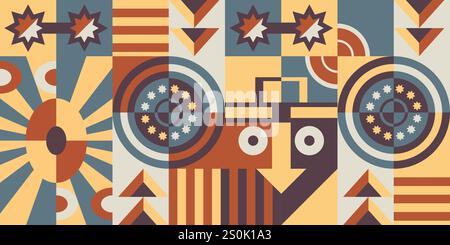 Abstract retro musical pattern. The background banner. Vintage art poster in retro style, stars, circle, pop art. An invitation to a party. Modern vector geometric illustration Stock Vector