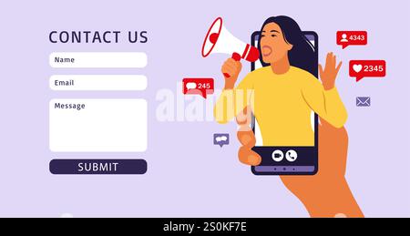 Contact us form template for web. Hands holding smartphone with a girl shouting in loud speaker. Influencer marketing, social media or network Stock Vector