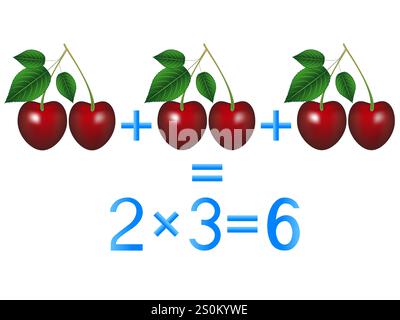 Educational games for children, multiplication action, example with cherries. Stock Vector