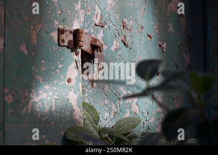 Rusty padlock and hinge on a weathered door with green flaking paint sitting in a pool of light. Stock Photo