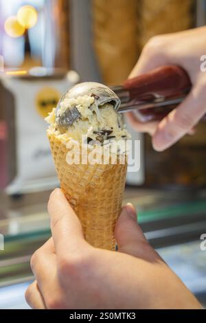 Vanilla ice cream with chocolate chips is served in a waffle in the cafe, autumn creations at Cafe Kuh, Deckenpfronn, Germany, Europe Stock Photo