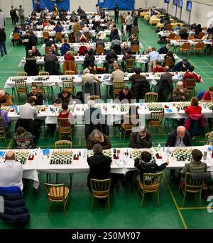 Hastings, UK. 28th Dec, 2024. Overhead view of the competitors during the 98th Caplin Hastings International Chess Congress, incorporating the 40th Hastings Weekend Congress at the Horntye Park, Hastings, UK. Credit: LFP/Alamy Live News Stock Photo