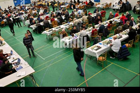 Hastings, UK. 28th Dec, 2024. Overhead view of the competitors during the 98th Caplin Hastings International Chess Congress, incorporating the 40th Hastings Weekend Congress at the Horntye Park, Hastings, UK. Credit: LFP/Alamy Live News Stock Photo