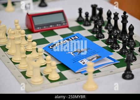 Hastings, UK. 28th Dec, 2024. A chess board at the 98th Caplin Hastings International Chess Congress, incorporating the 40th Hastings Weekend Congress at the Horntye Park, Hastings, UK. Credit: LFP/Alamy Live News Stock Photo