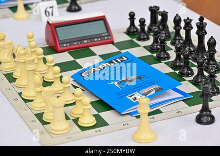 Hastings, UK. 28th Dec, 2024. A chess board at the 98th Caplin Hastings International Chess Congress, incorporating the 40th Hastings Weekend Congress at the Horntye Park, Hastings, UK. Credit: LFP/Alamy Live News Stock Photo