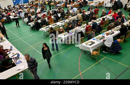 Hastings, UK. 28th Dec, 2024. Overhead view of the competitors during the 98th Caplin Hastings International Chess Congress, incorporating the 40th Hastings Weekend Congress at the Horntye Park, Hastings, UK. Credit: LFP/Alamy Live News Stock Photo