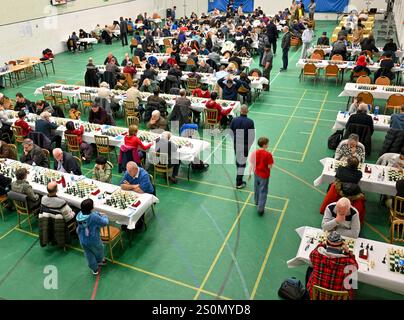 Hastings, UK. 28th Dec, 2024. Overhead view of the competitors during the 98th Caplin Hastings International Chess Congress, incorporating the 40th Hastings Weekend Congress at the Horntye Park, Hastings, UK. Credit: LFP/Alamy Live News Stock Photo