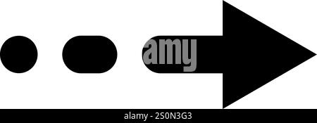 Minimalist black arrow pointing right, preceded by two dots and a rounded rectangle, ideal for representing a process, a timeline or a sequence of Stock Vector