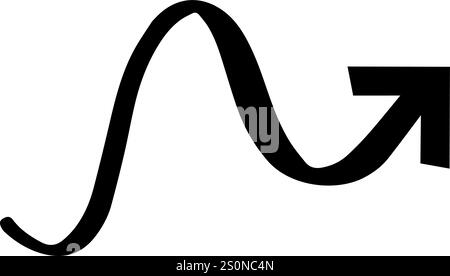Black upward arrow following a sine wave, illustrating a positive trend and consistent growth over time against a clean white background, symbolizing Stock Vector
