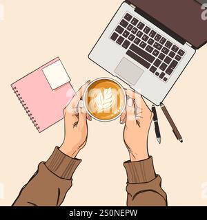 Work desk Top view hand drawn vector illustration  Stock Vector
