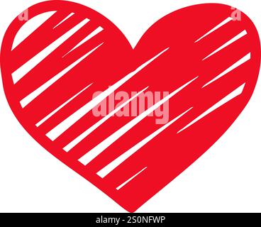 Hand drawn heart bursting with vibrant red color and playful white scribbled lines, capturing the essence of romance, passion, and joyful Valentine s Stock Vector