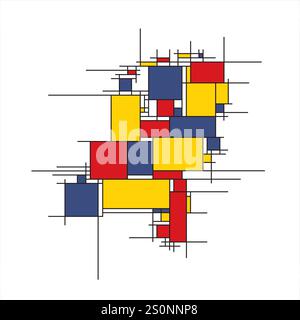 Modern map of the Netherlands in colorful Piet Mondrian style with black lines, combined with areas of red, yellow and blue. Stock Vector