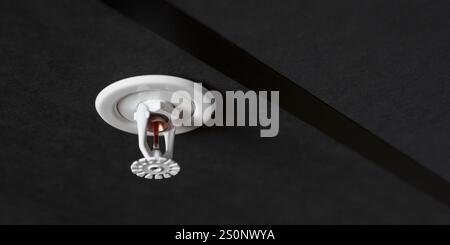 Fire sprinkler on the ceiling with vacuum sealed glass tube. Water fire sprinkler on the left with copy space on the right. Stock Photo