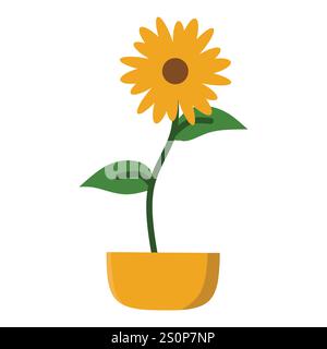 A minimalist illustration of a sunflower with a brown center and yellow petals in a solid yellow pot. The green stem and leaves add a touch of freshne Stock Vector