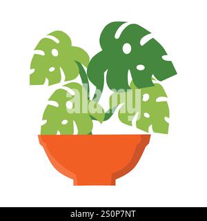 minimalist illustration of a Monstera plant with large, green leaves featuring distinctive holes and splits, in an orange pot with a geometric design Stock Vector
