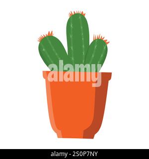A minimalist illustration of a cactus with three vertical ridges topped with small orange spines, set in an orange pot. Perfect for themes of desert p Stock Vector