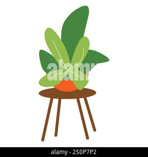 illustration of a potted plant with green leaves on a wooden stool. The plant features a mix of light and dark green leaves in an orange pot, perfect Stock Vector