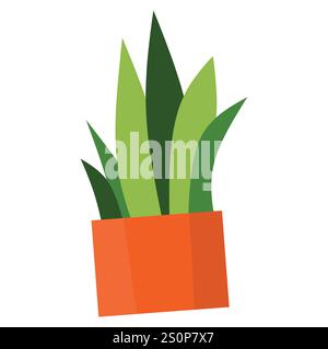 illustration of a green plant with multiple stems and oval-shaped leaves growing in an orange, decorative pot with the leaves arranged alternately alo Stock Vector