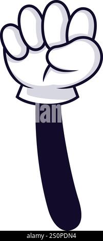 Cartoon hand wearing white gloves, displaying four fingers upwards with a dark sleeve, signaling, counting, or greeting in a cheerful and friendly Stock Vector