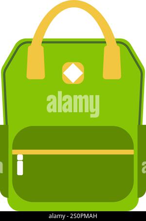 Green backpack featuring yellow handles, a zipper closure, and a white rhombus shaped detail, ideal for students, travelers, or anyone needing a Stock Vector